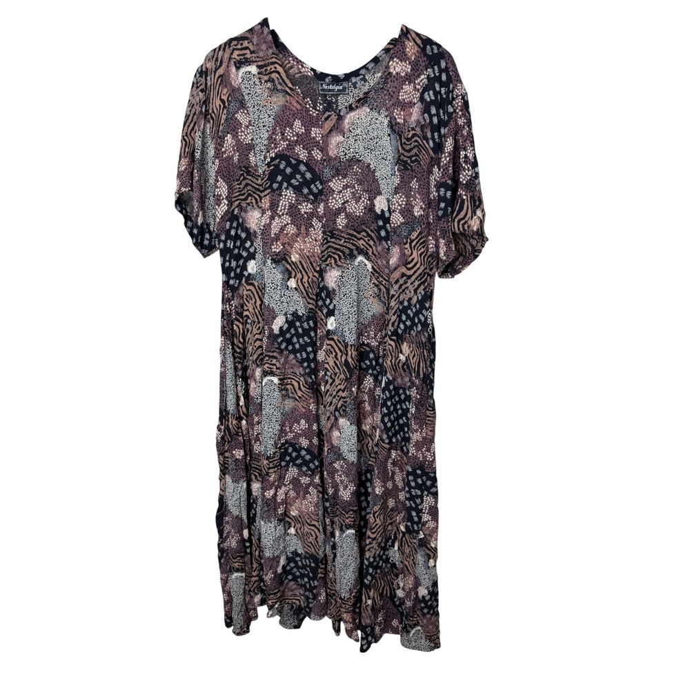 Nostalgia Womens Vintage Abstract Patchwork Maxi Dress Mauve Black Rayon Size L